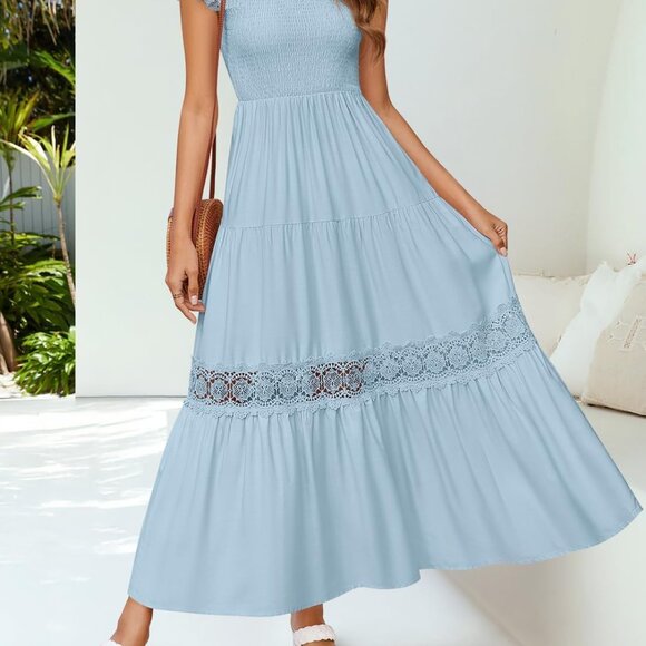 Women's Rayon Midi Dress Crew Neck Flutter Sleeves High Waist Lace Trim - Picture 2 of 7